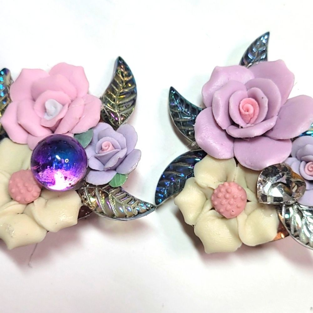 Wendygell Clip Earrings Flowers Leaves Swarovski Jewels Heart Magic Marble